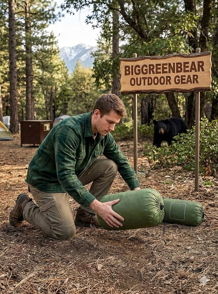 Man setting up a sleeping bag in a forest with 'BIGGREENBEAR OUTDOOR GEAR' sign.