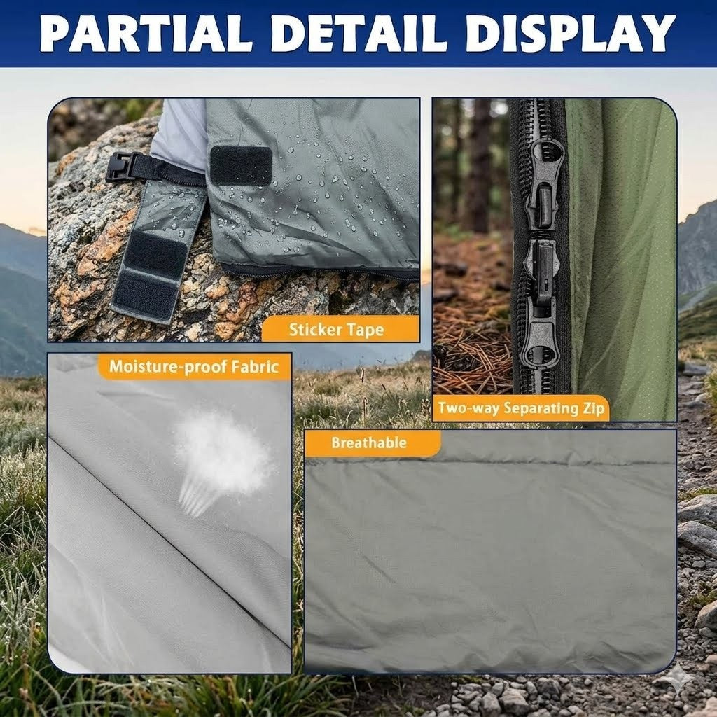 Collage of features of a moisture-proof fabric with text labels on a natural background.