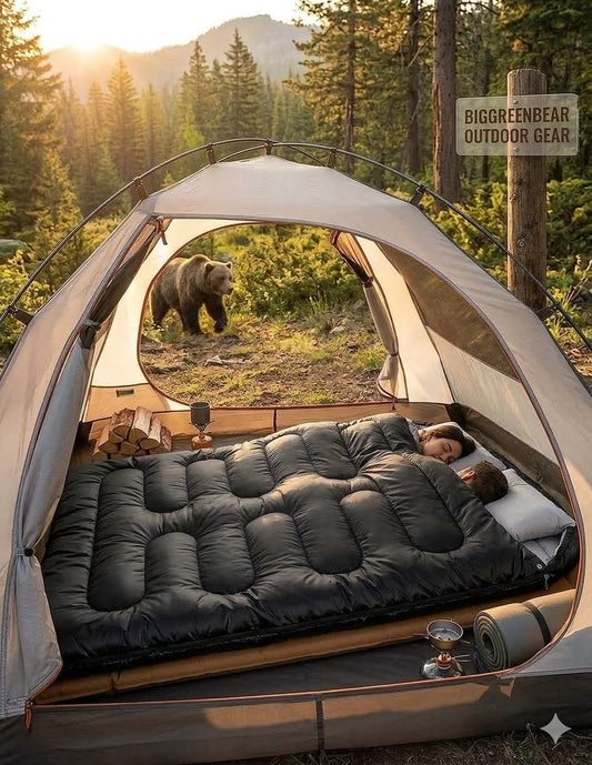 Two people sleeping inside a tent with a bear outside, surrounded by trees and nature.