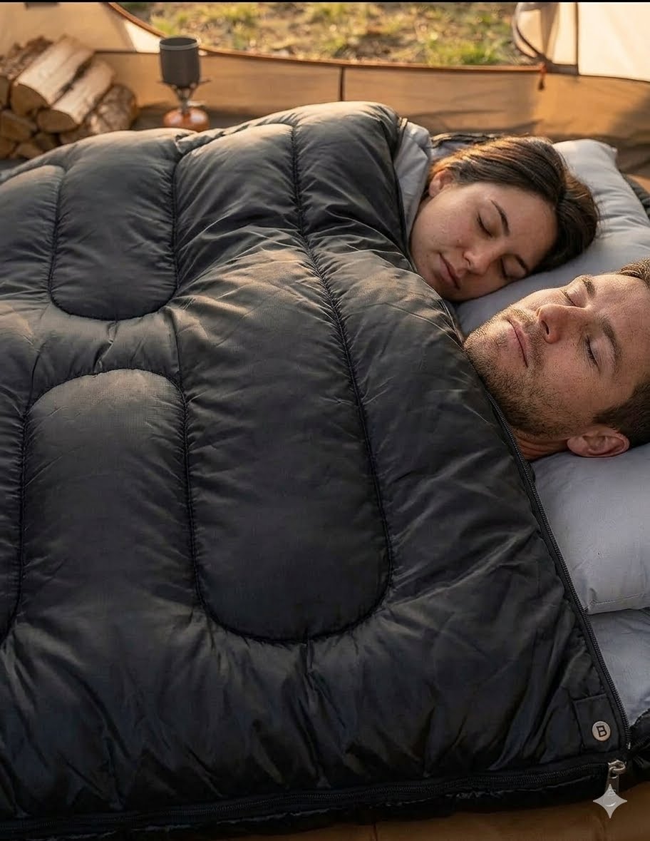 Two people sleeping under a large black quilt in a camping setting.