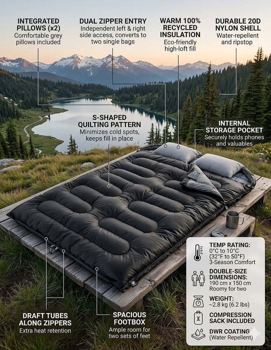 Black sleeping pad with features highlighted on a wooden platform with a scenic background.