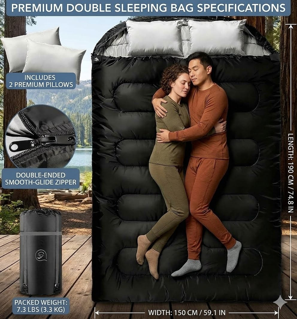 Black sleeping bag with a couple inside, surrounded by product details and specifications.