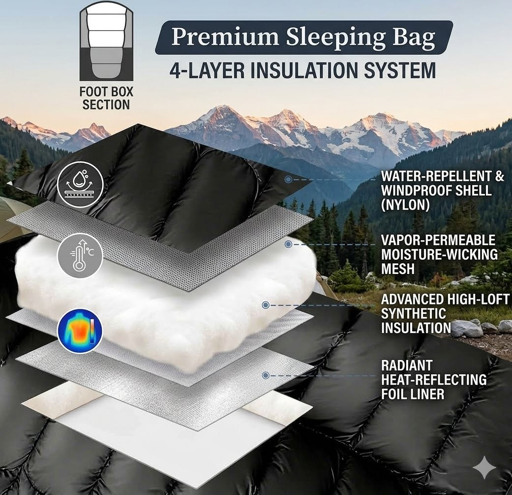 Layers of a premium sleeping bag with mountain background