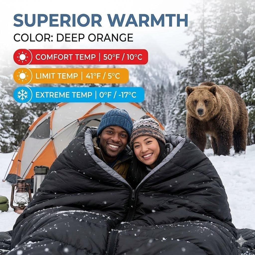 Two people hugging under a deep orange sleeping bag with a bear and tent in the background, emphasizing warmth.