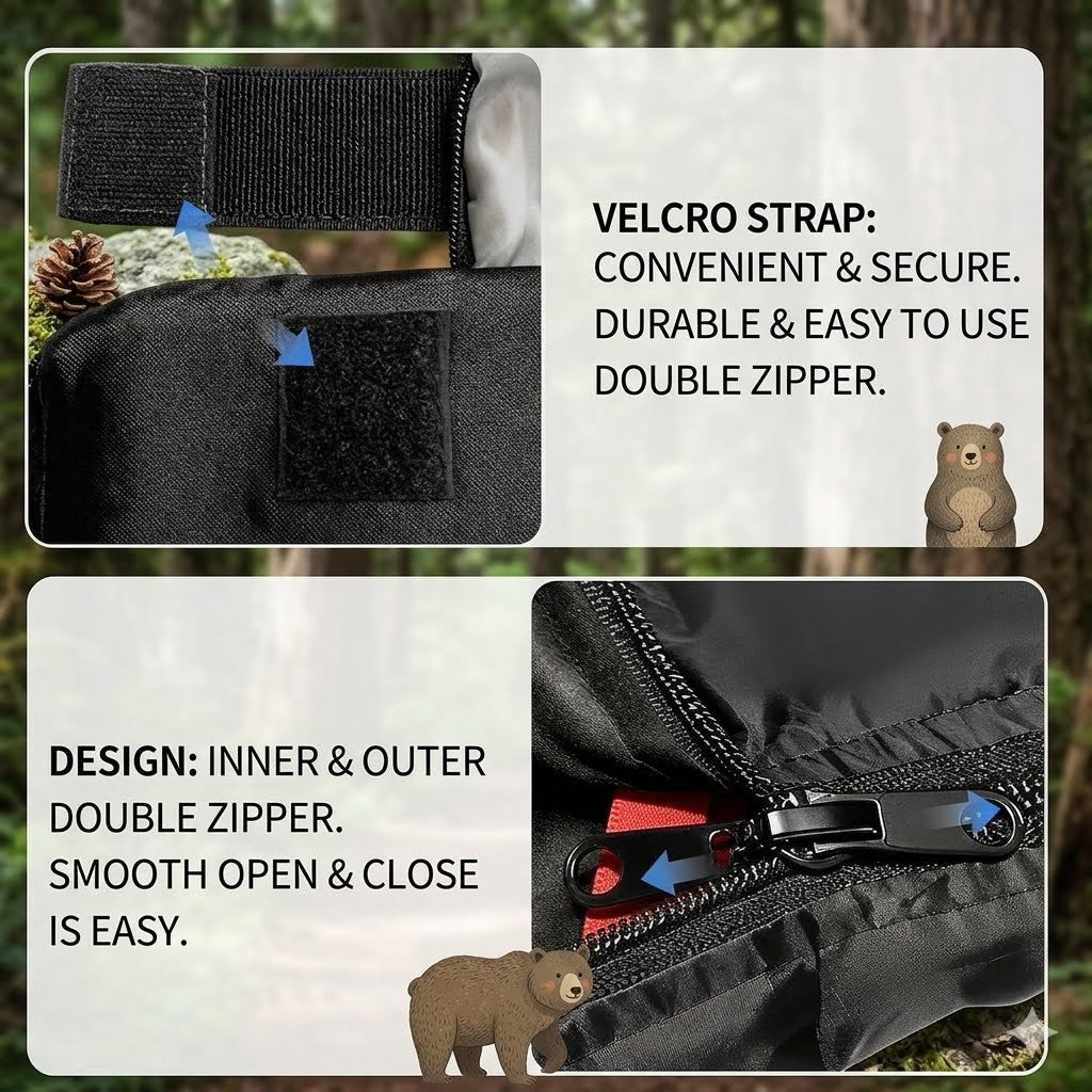 Product image with velcro strap and double zipper design, featuring a bear illustration.