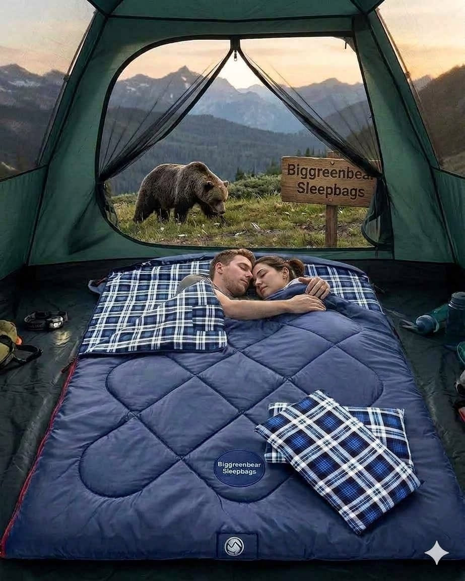 a couple in their sleeping bag with a sign Biggreenbear sleepingbags bear outside tent
