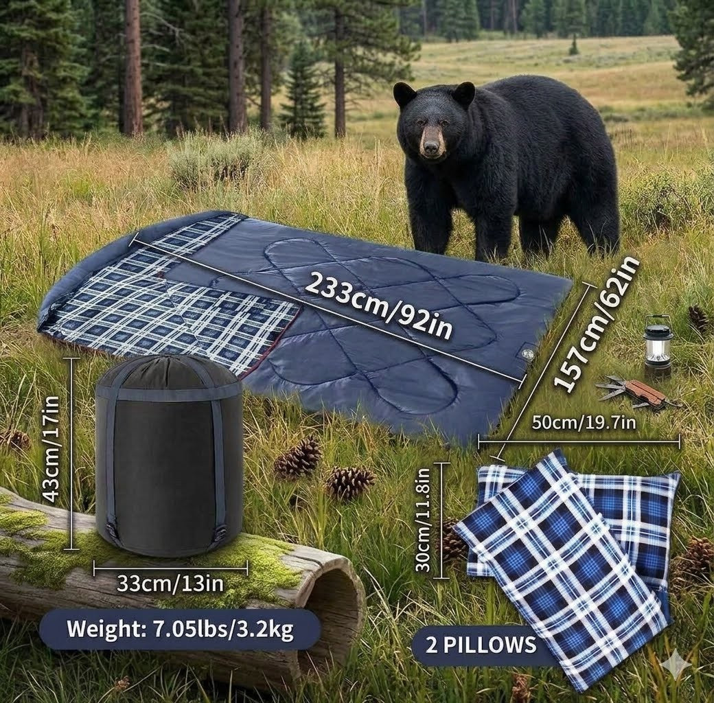 Camping mat with bear in the background, showing dimensions and features.