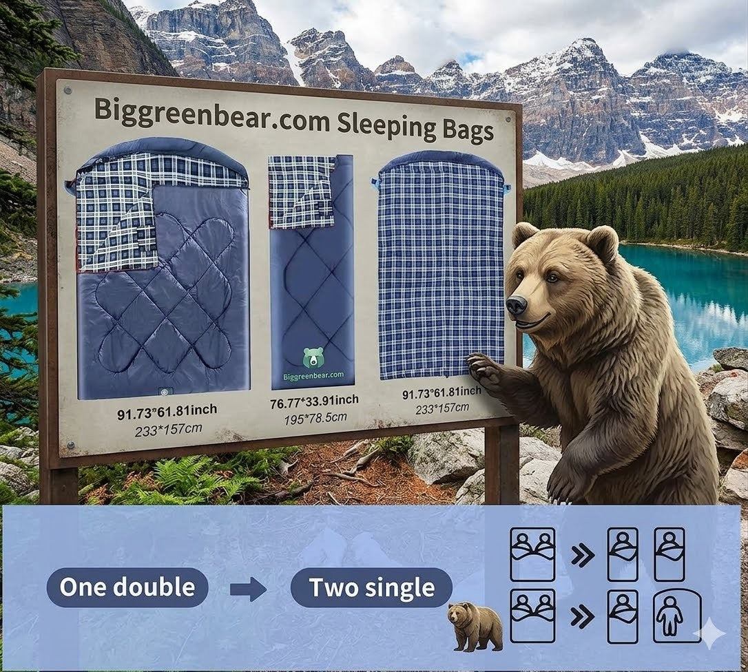 Advertisement for Biggreenbear.com sleeping bags with a bear in front of a mountainous landscape.