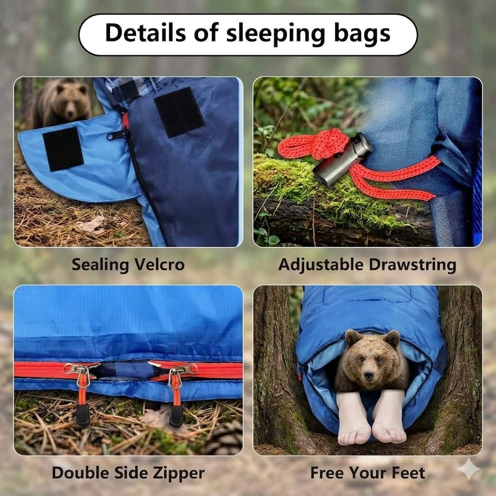 Collage of features of a blue sleeping bag with sealing velcro, adjustable drawstring, double side zipper, and a bear inside.