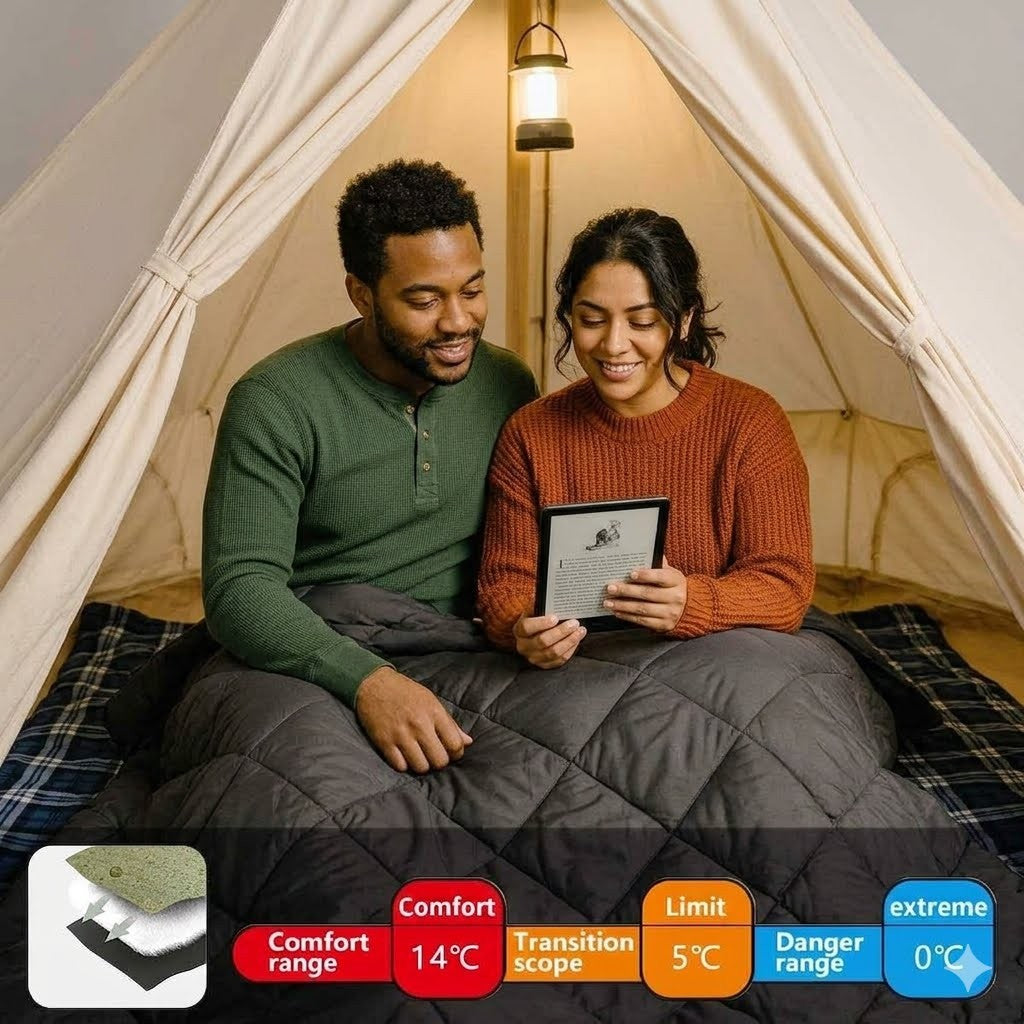 Man and woman sitting inside a tent, reading a document, with a comfort range indicator at the bottom.
