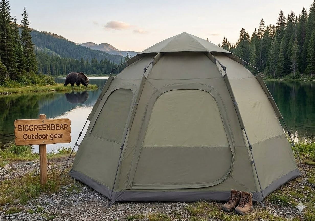 Green tent set up near a lake with a bear in the background, featuring Biggreenbear Outdoor Gear sign.