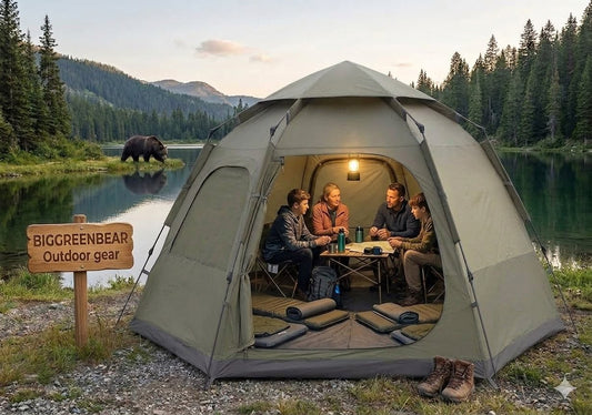 Group of people camping outdoors by a lake with Biggreenbear outdoor gear sign.