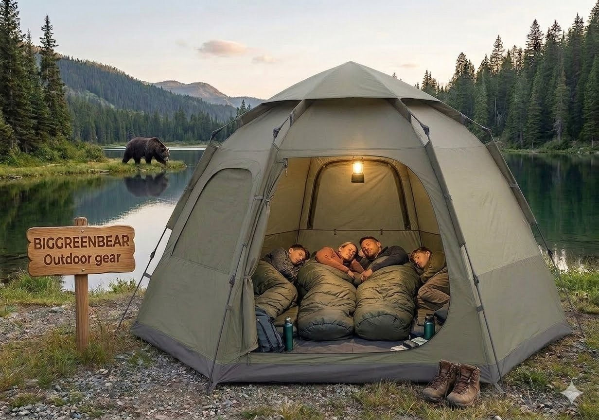 People sitting inside a tent by a lake with a bear in the background, featuring Biggreenbear outdoor gear.