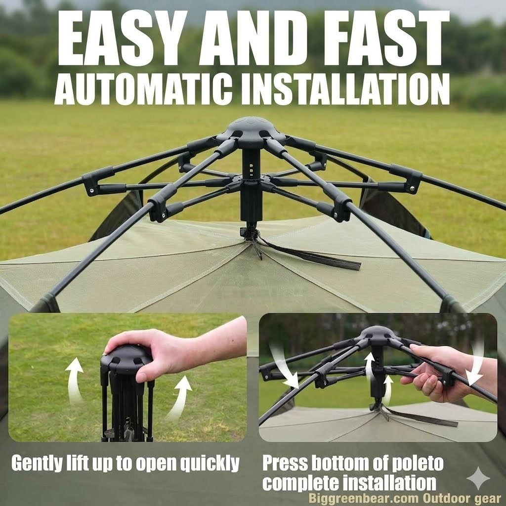 Gazebo with instructions on easy and fast automatic installation, set against a grassy background.