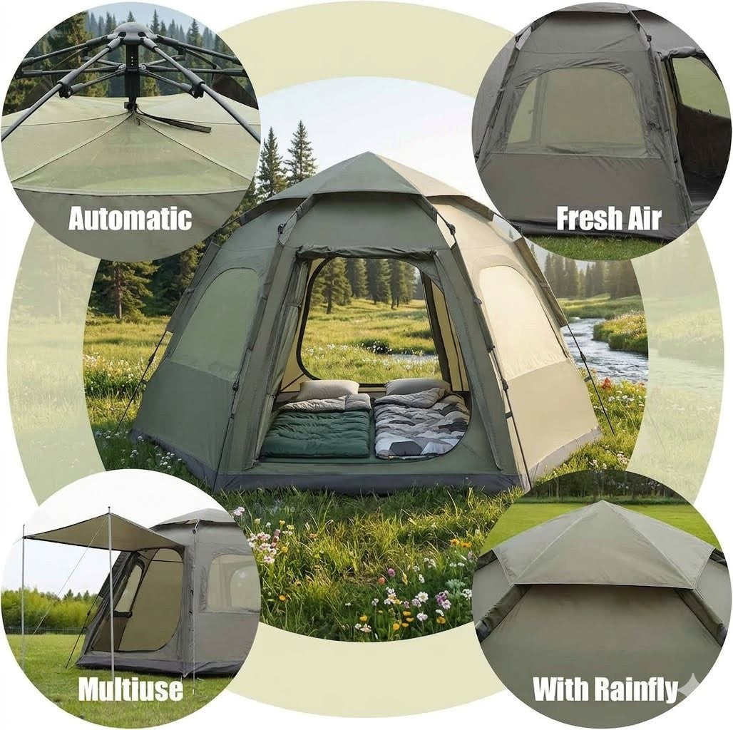 Camping tent with features highlighted on a scenic background