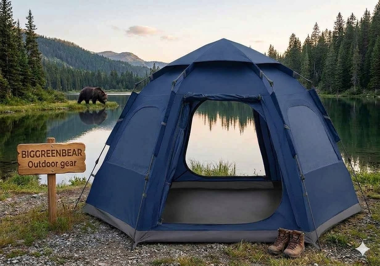 Blue tent set up near a lake with a bear in the background, featuring Biggreenbear outdoor gear sign.