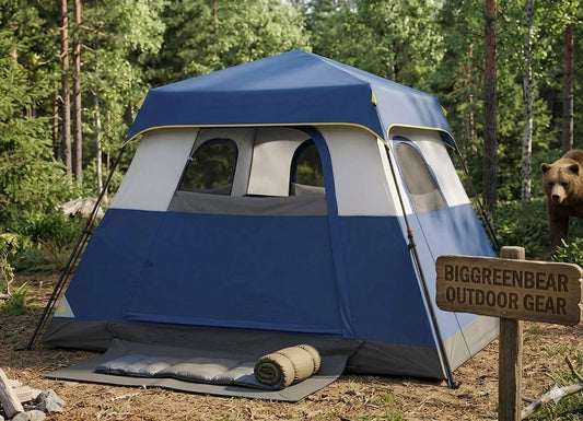 Blue and white camping tent in a forest with a bear and Biggreenbear sign.