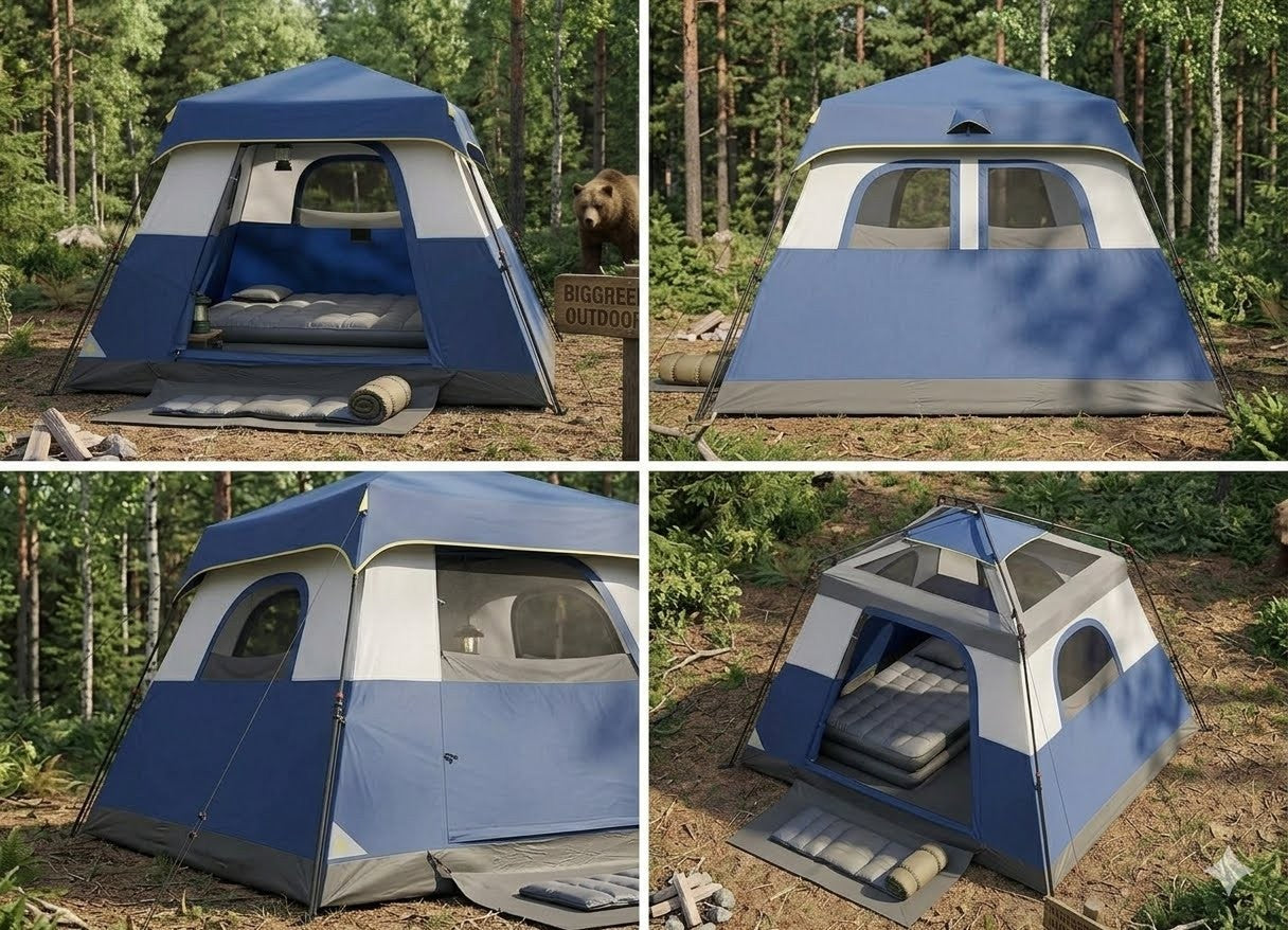 Collage of a blue and gray tent in a forest setting with a bear in the background.