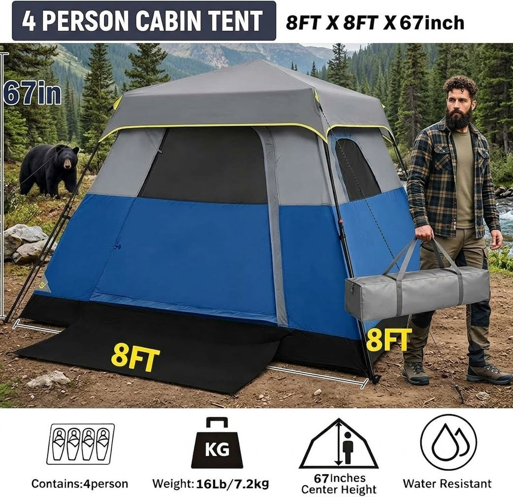 4-person cabin tent with dimensions and features displayed, including a person holding a bag.