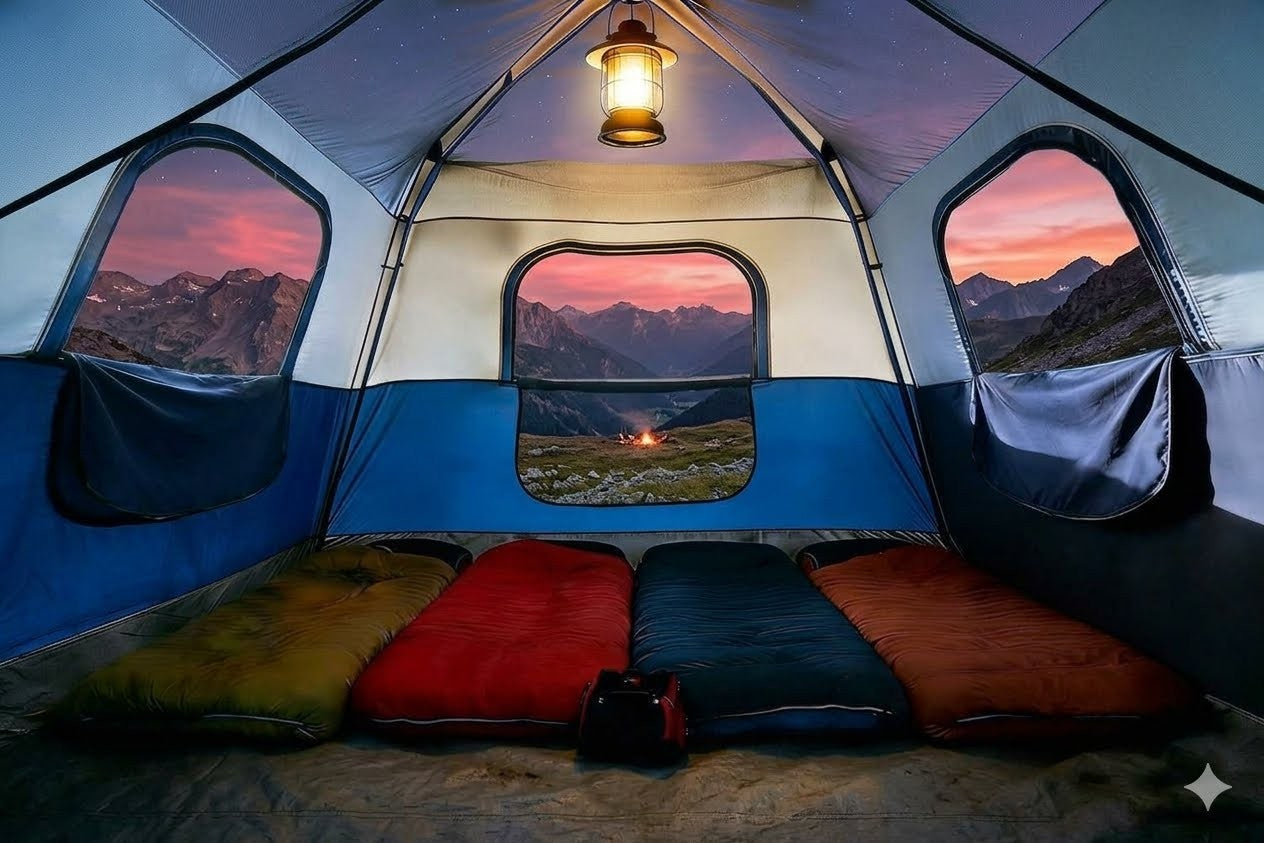 Camping tent with interior view showing sleeping bags and a scenic mountain sunset outside.