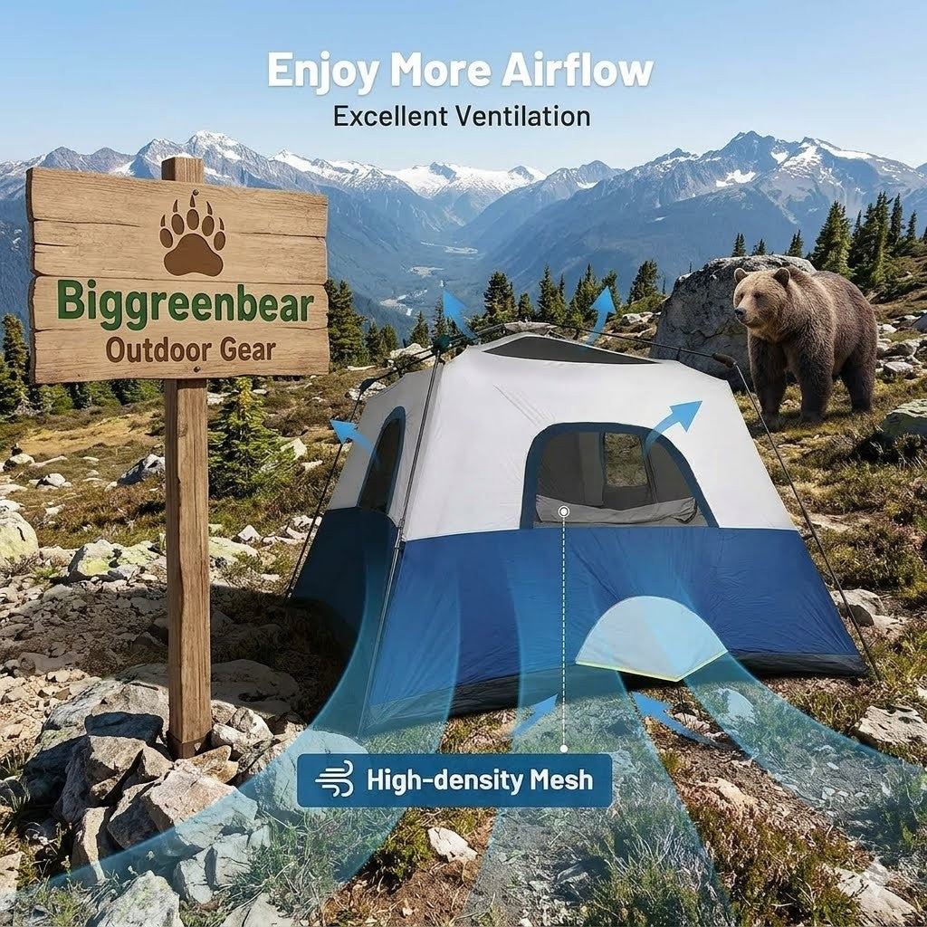 Camping tent with high-density mesh on a mountainous landscape, featuring Biggreenbear Outdoor Gear sign.