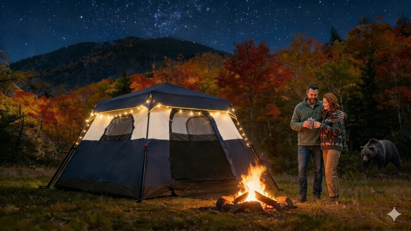 Two people standing near a tent with string lights and a campfire in a forest at night.