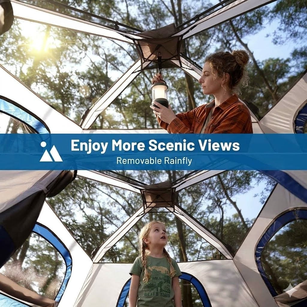 Two people inside a tent with a removable rainfly, enjoying scenic views.