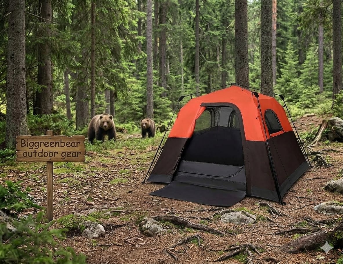 Camping tent in a forest with bears and a 'Biggreenbear outdoor gear' sign.