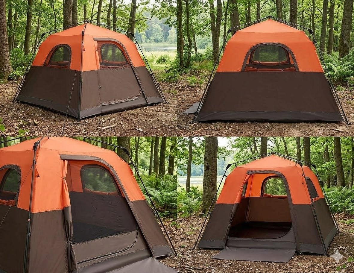 Orange and brown tent in a forest setting