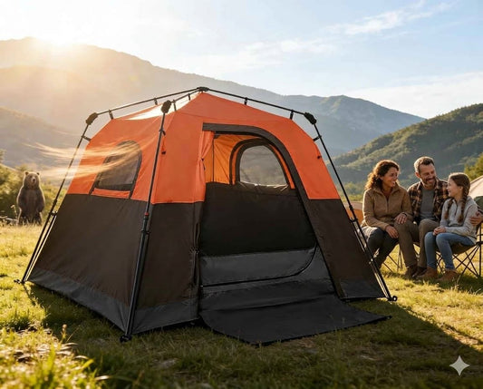 Orange and gray tent set up in a grassy field with mountains in the background big green bear