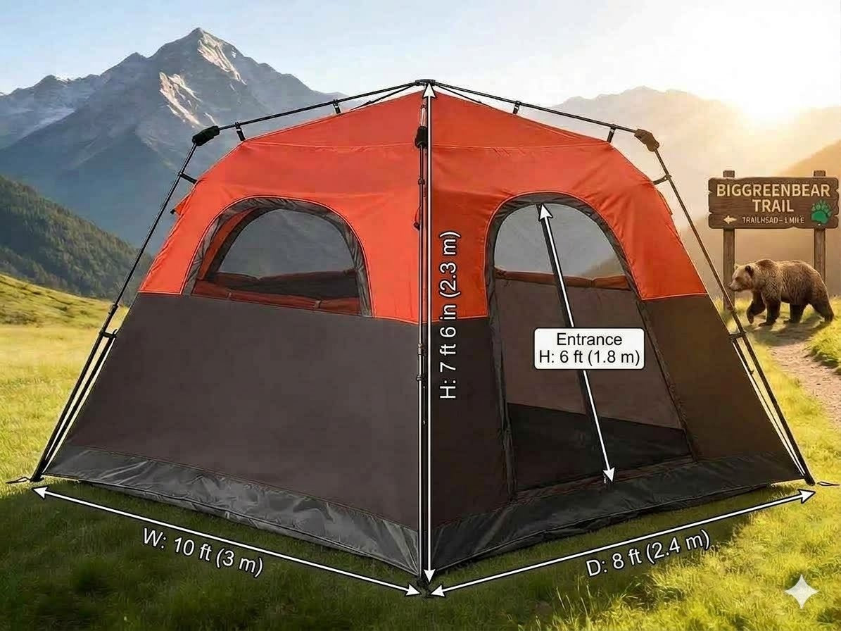 Camping tent with dimensions displayed, set against a mountainous landscape.