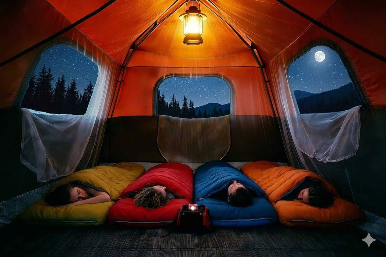 People sleeping in colorful sleeping bags inside a tent with a night sky view.
