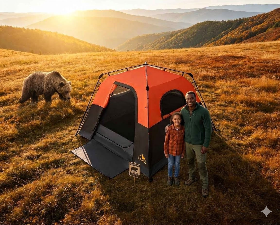 Two people standing next to a tent in a field with a bear in the background