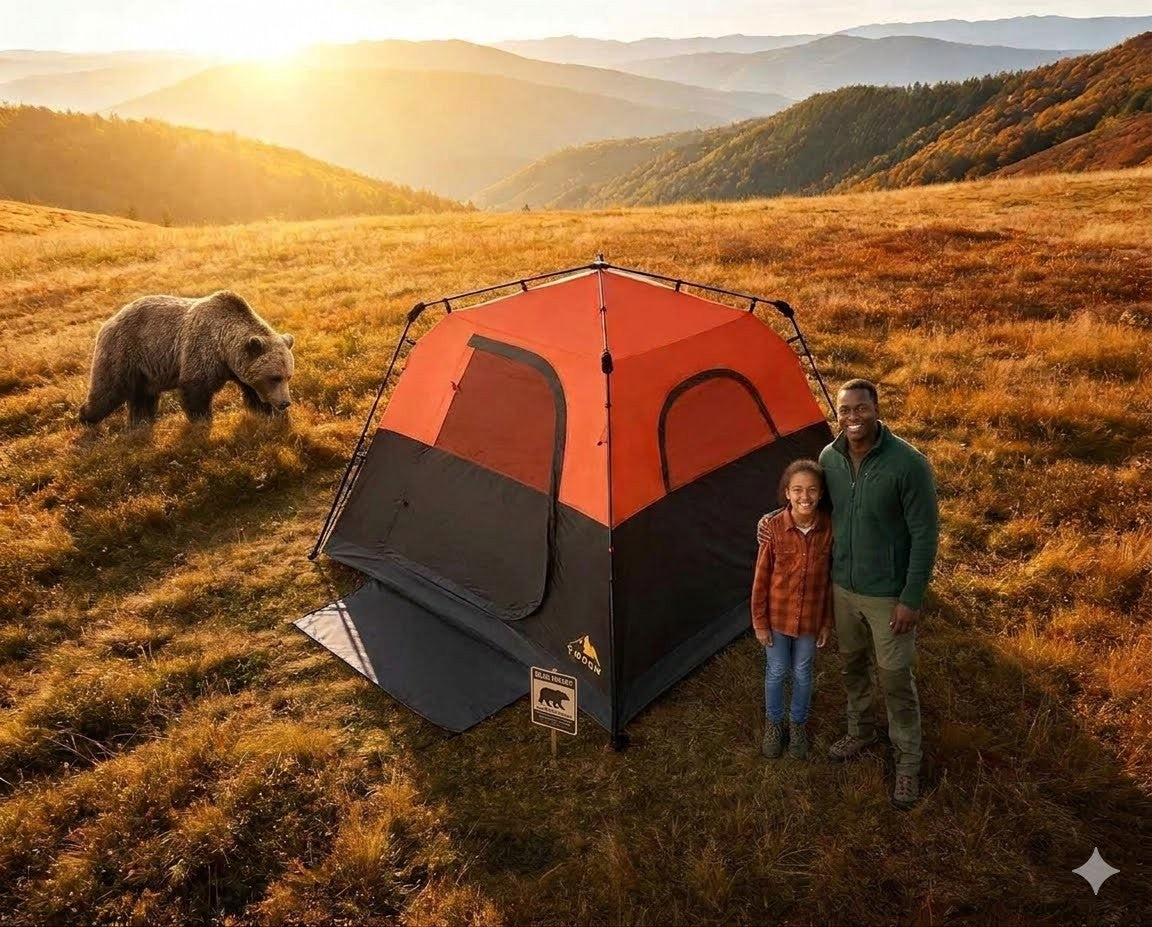 Two people standing next to a tent in a field with a bear and mountains in the background