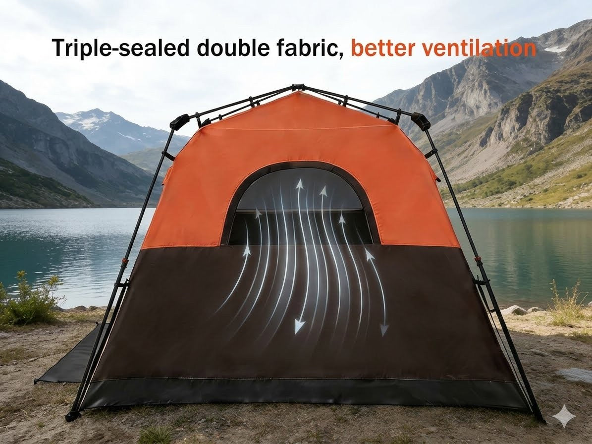 Camping tent with ventilation diagram in a mountainous landscape