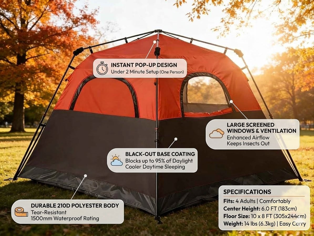 Pop-up tent with features highlighted on a natural background