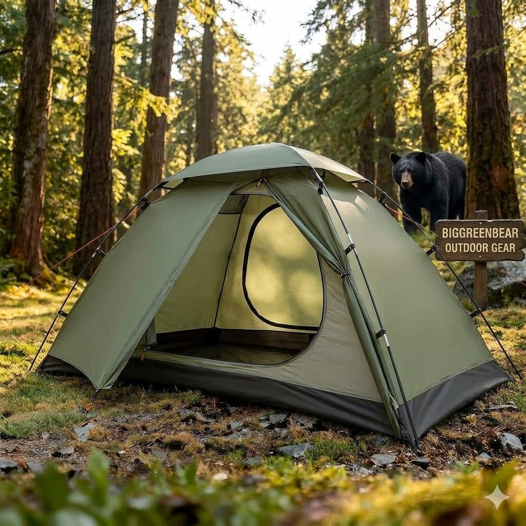 Green tent in a forest with a bear and 'Biggreenbear Outdoor Gear' sign.