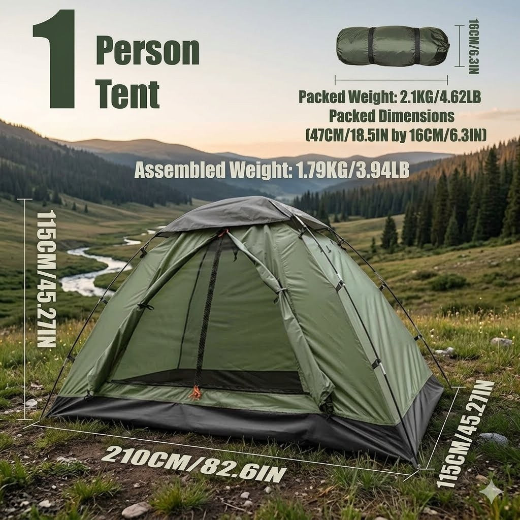 Green tent with assembly and packing dimensions displayed against a mountainous landscape.
