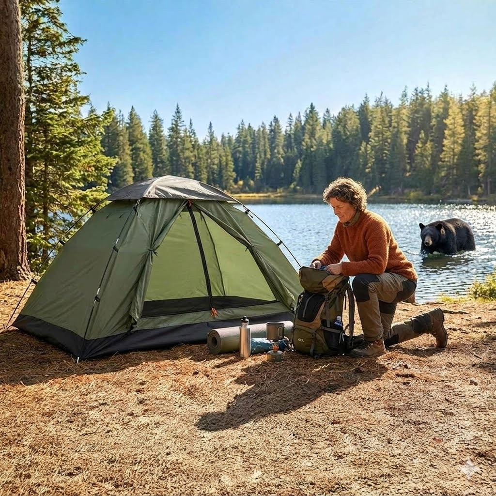 Person setting up a tent by a lake with a bear in the background