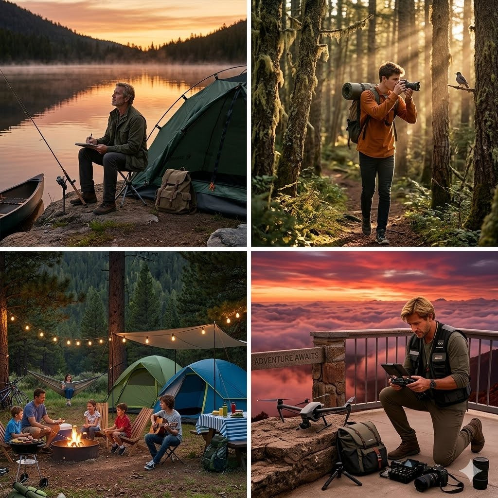 Collage of four scenes showing people camping and enjoying nature.