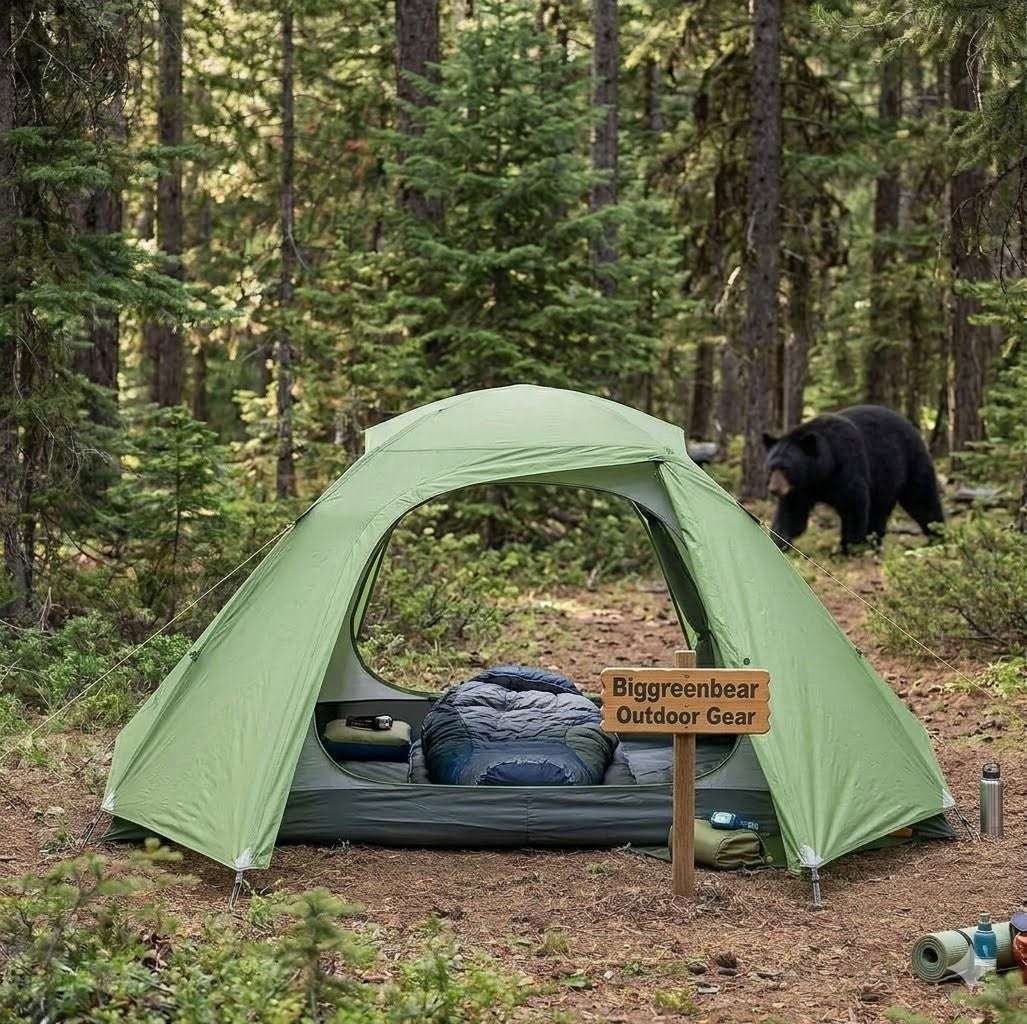 Green tent in a forest with a bear and a sign for Biggreenbear Outdoor Gear.