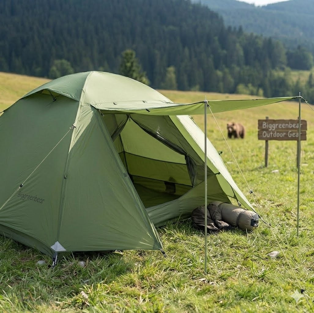Green camping tent in a grassy field with trees and a bear in the background