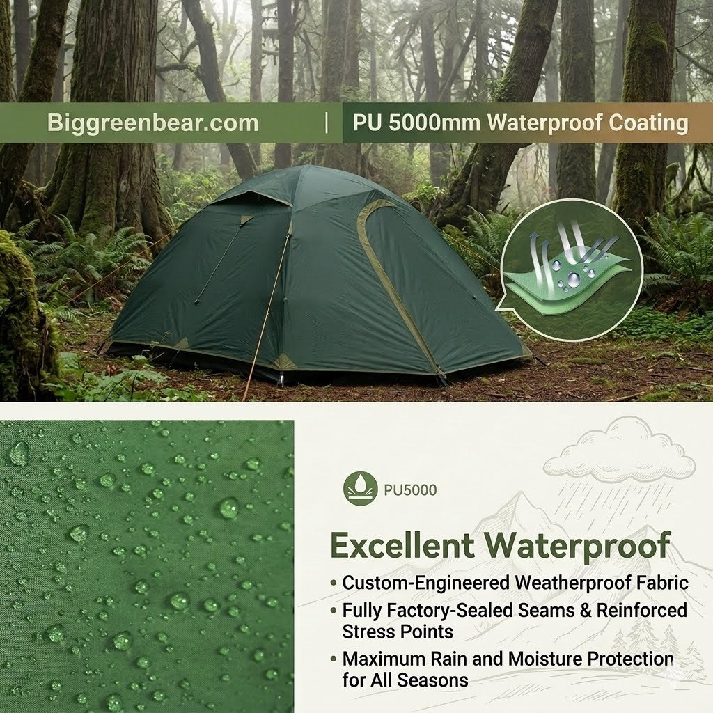 Green tent in a forest with waterproof coating features highlighted