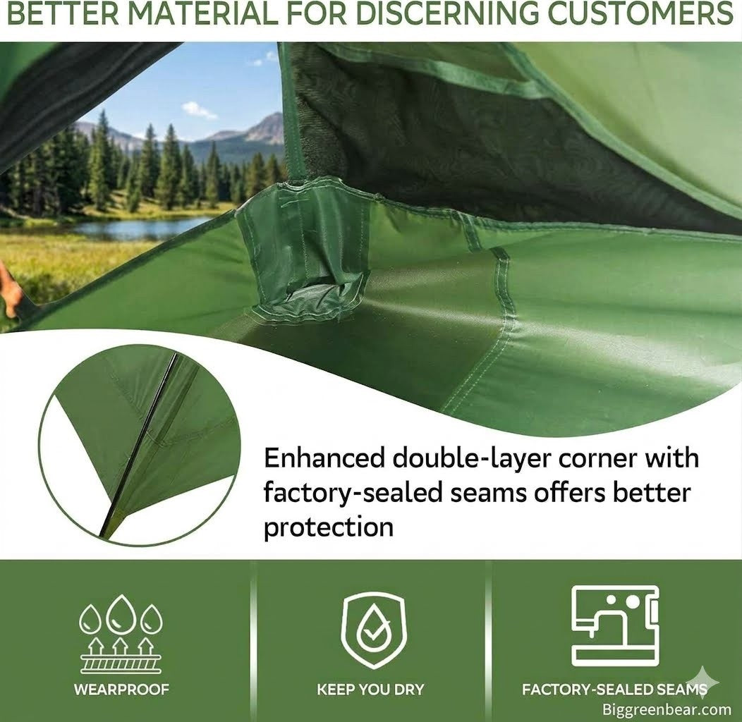 Green tent fabric with enhanced double-layer corner and factory-sealed seams, set against a scenic outdoor background.