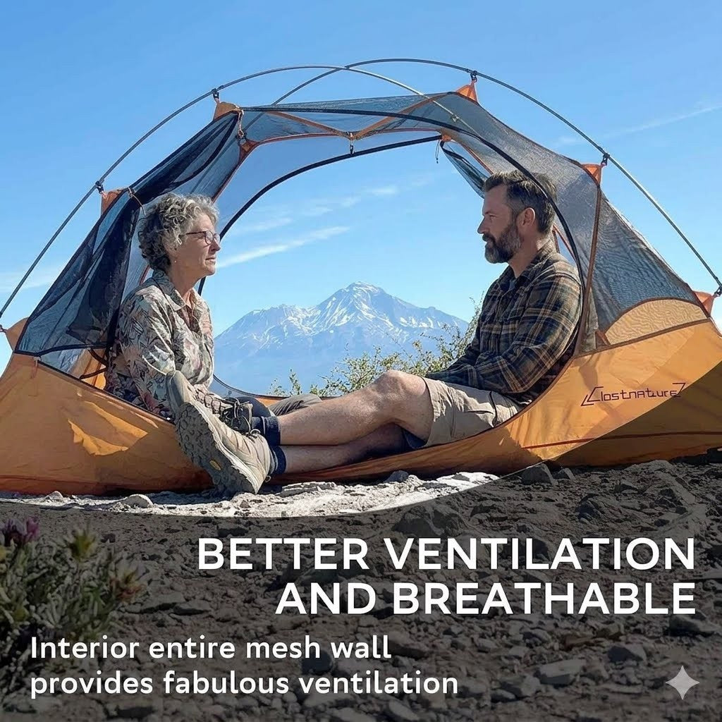 Two people sitting inside a tent with mountains in the background, text about better ventilation.