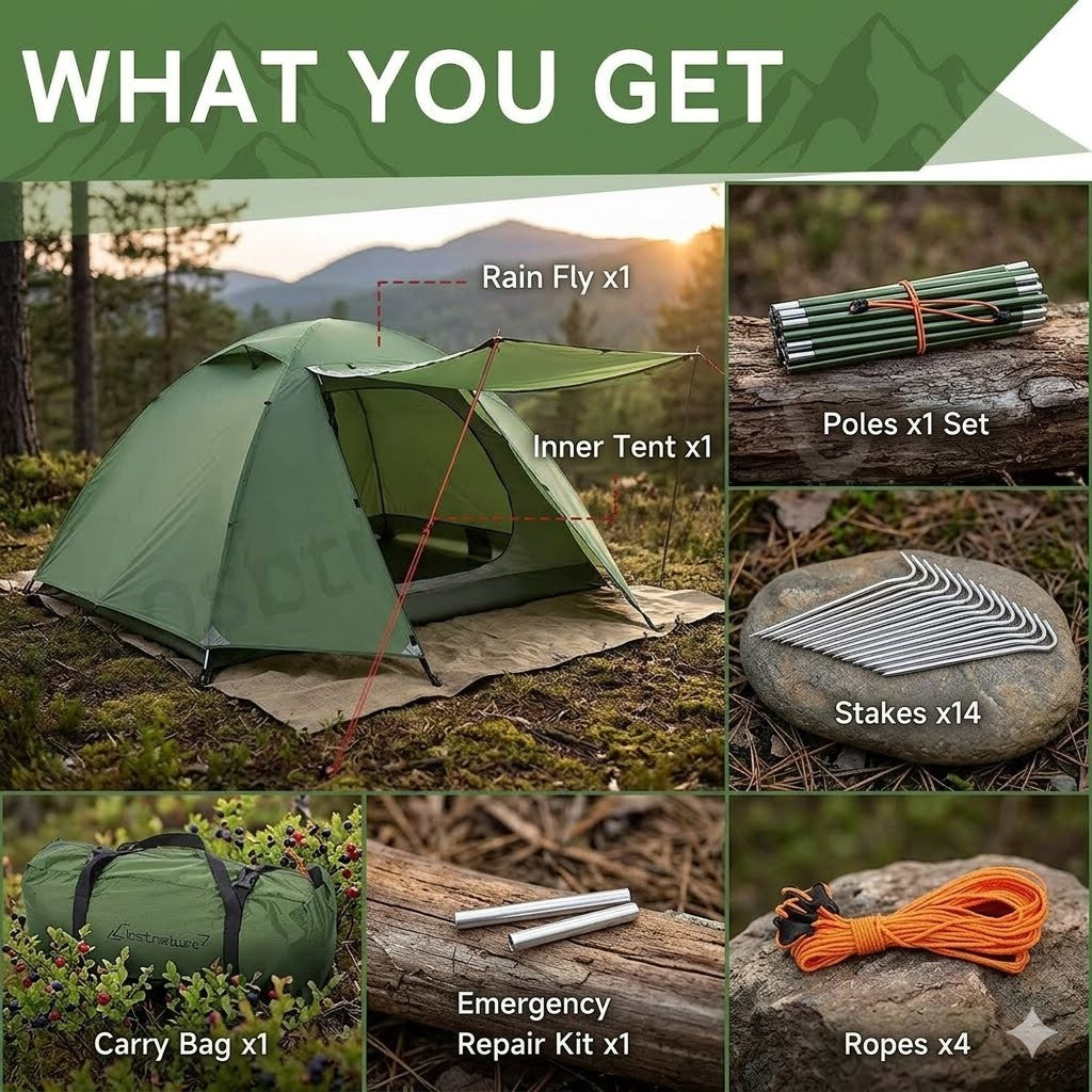 Collage of camping tent components including rain fly, inner tent, poles, stakes, carry bag, emergency repair kit, and ropes.