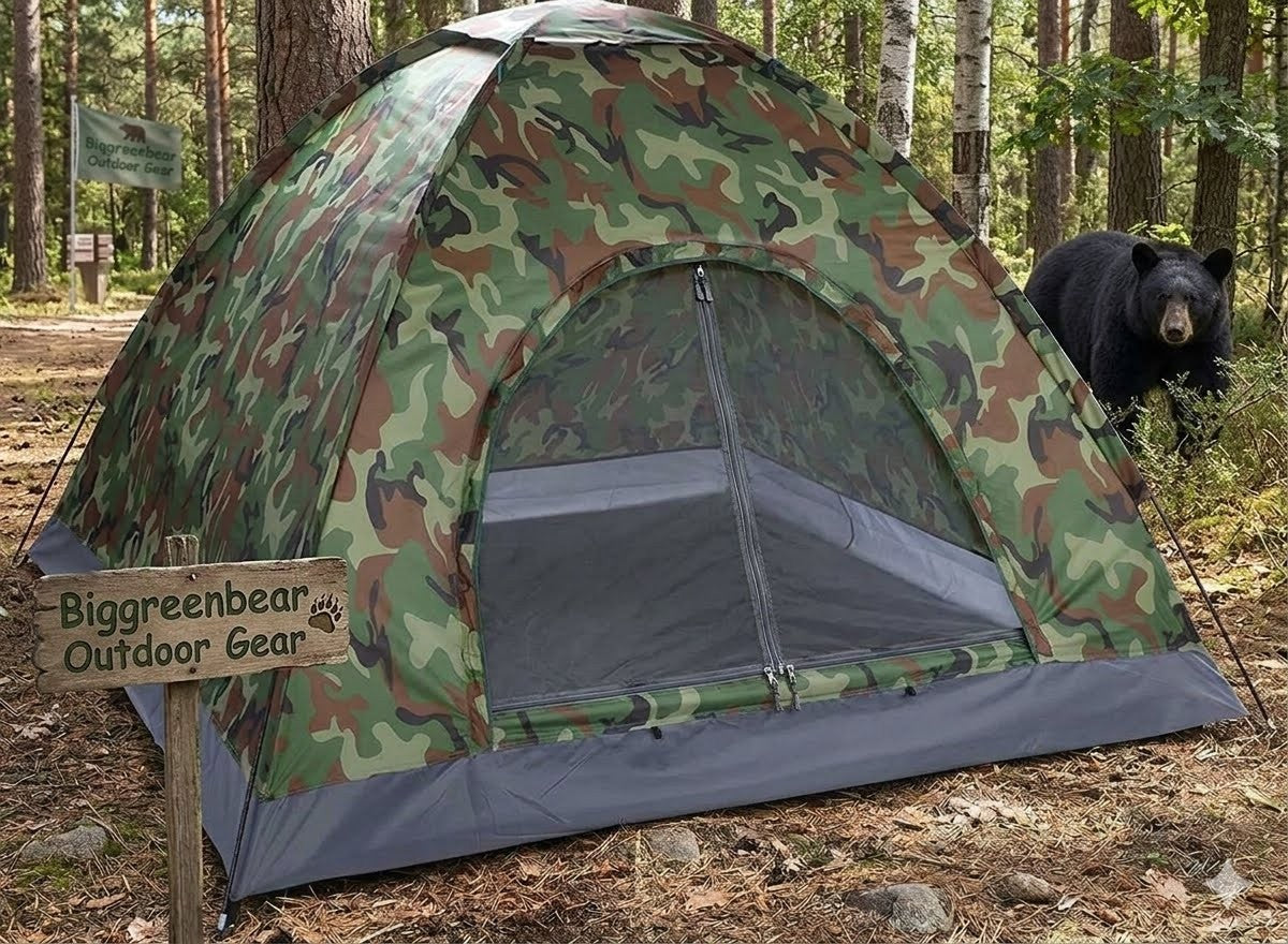 Camouflage tent in a forest with a bear and 'Biggreenbear Outdoor Gear' sign.