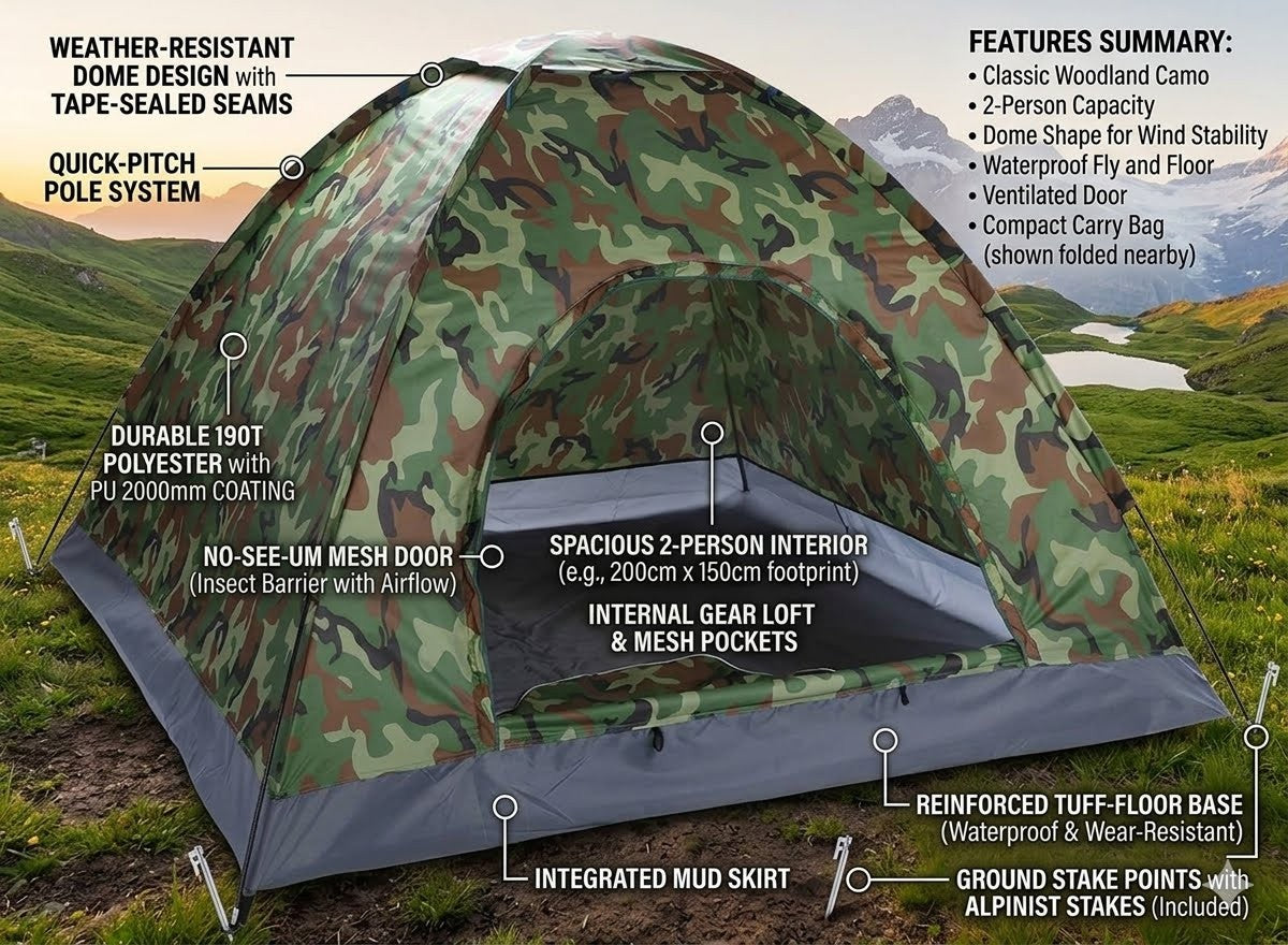 Camouflage tent with feature labels on a natural background