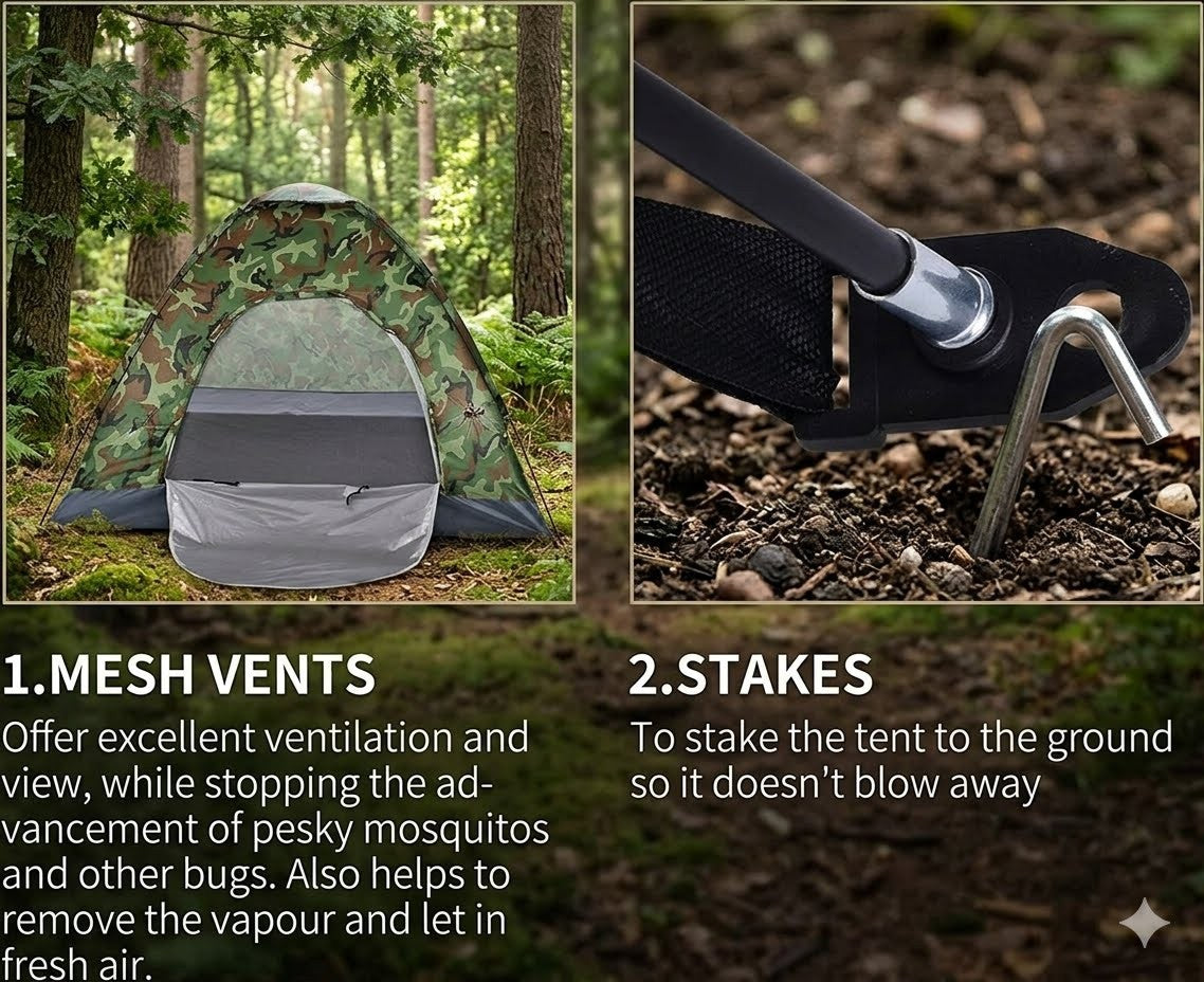 Tent with mesh vents and stakes in a forest setting