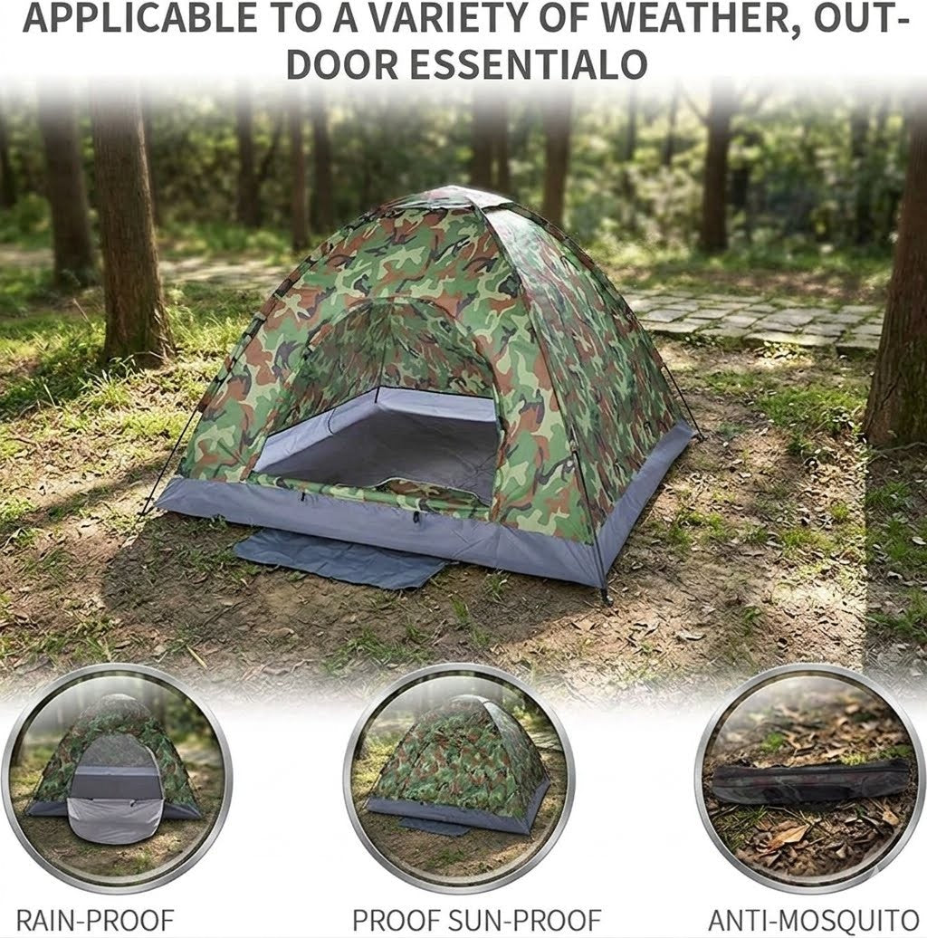 Camouflage tent in a forest setting with rain-proof, sun-proof, and anti-mosquito features highlighted.